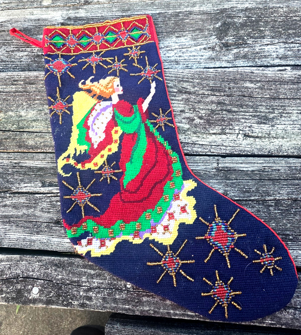 Vintage Needlepoint & Beaded Christmas Stocking Angel w/Stars 21"